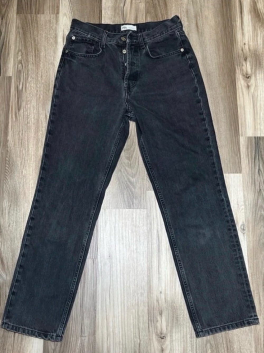 Zara Women's Straight Leg Jeans in Washed Black Denim